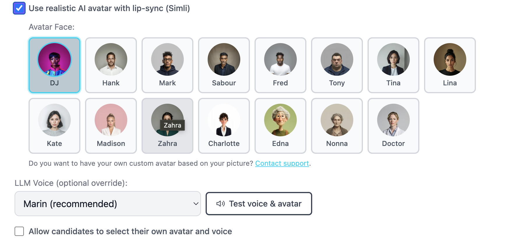 Picking an interviewer from the avatar library
